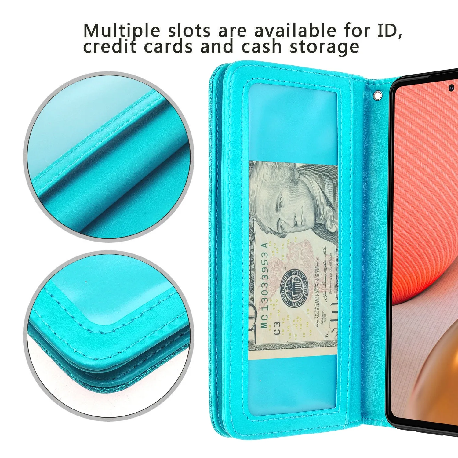 Samsung Galaxy A52 5G Case, Galaxy A52 5G Case, Glitter Faux Leather Flip Credit Card Holder Wrist Strap Shockproof Protective Wallet Case Clutch for Galaxy A52 5G - Teal