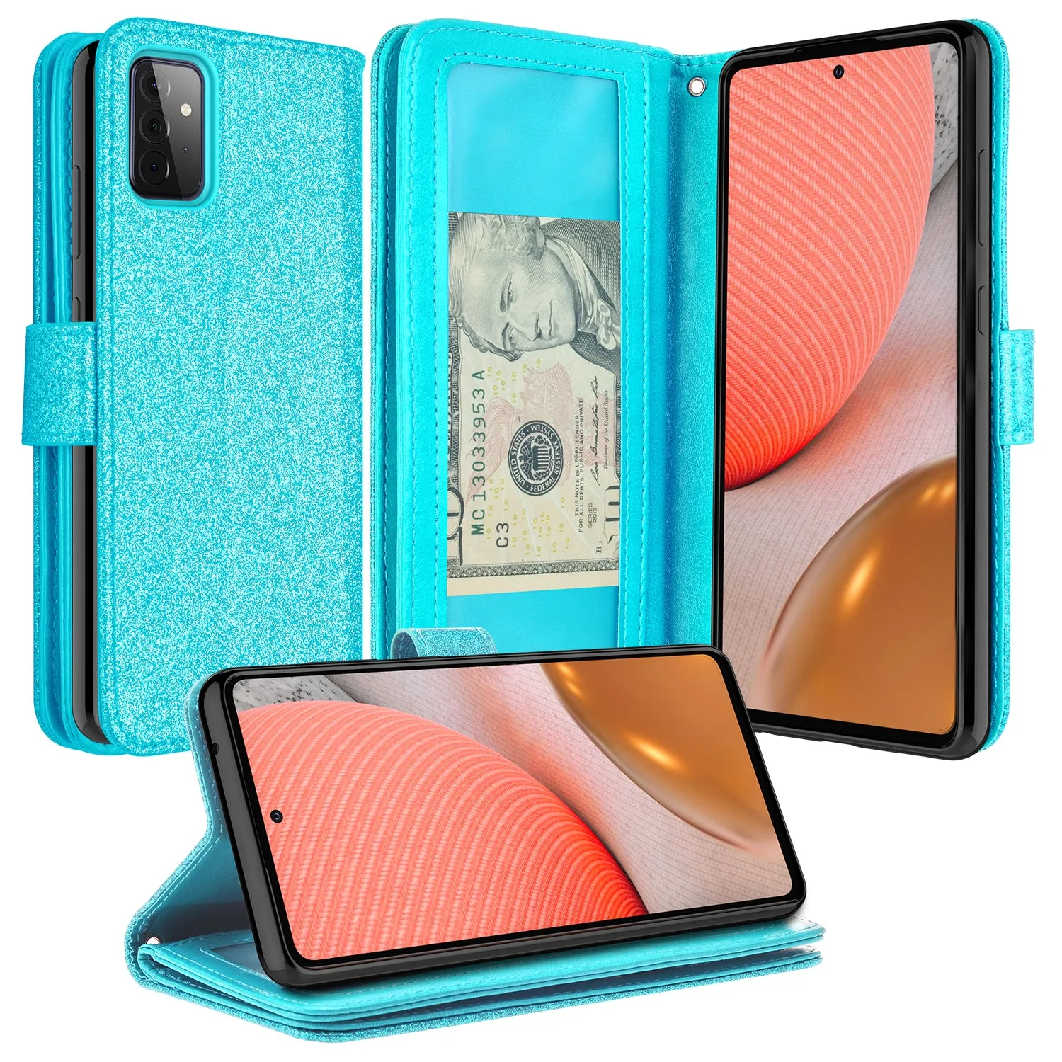 Samsung Galaxy A52 5G Case, Galaxy A52 5G Case, Glitter Faux Leather Flip Credit Card Holder Wrist Strap Shockproof Protective Wallet Case Clutch for Galaxy A52 5G - Teal