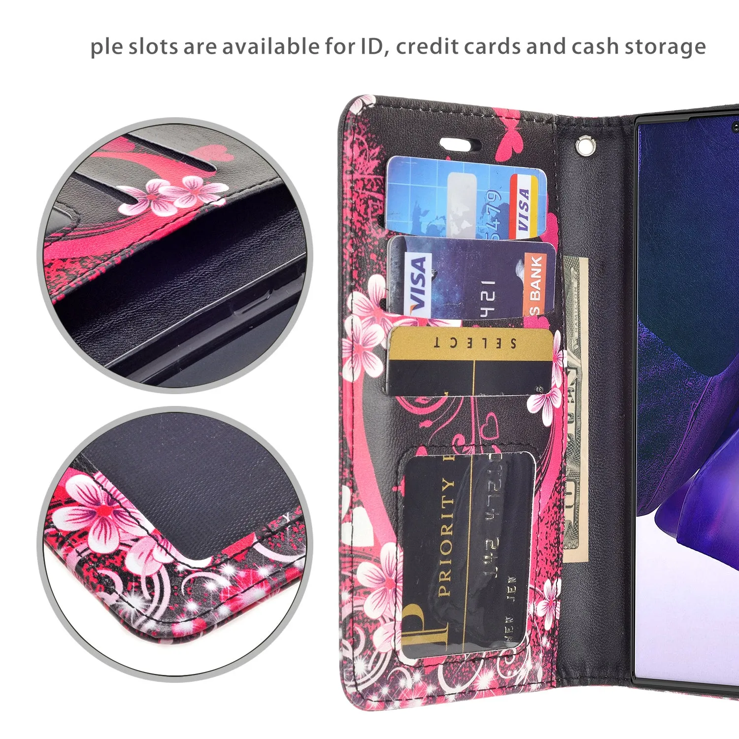 Samsung Galaxy Note 20 Case, Galaxy Note 20 Wallet Case, Wrist Strap Pu Leather Wallet Case [Kickstand] with ID & Credit Card Slots - Heart Butterflies