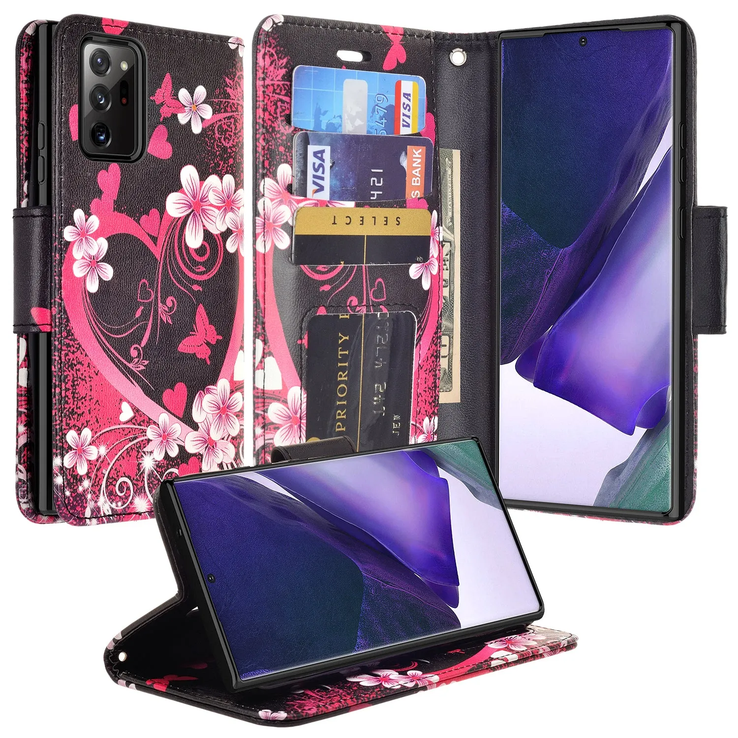 Samsung Galaxy Note 20 Case, Galaxy Note 20 Wallet Case, Wrist Strap Pu Leather Wallet Case [Kickstand] with ID & Credit Card Slots - Heart Butterflies