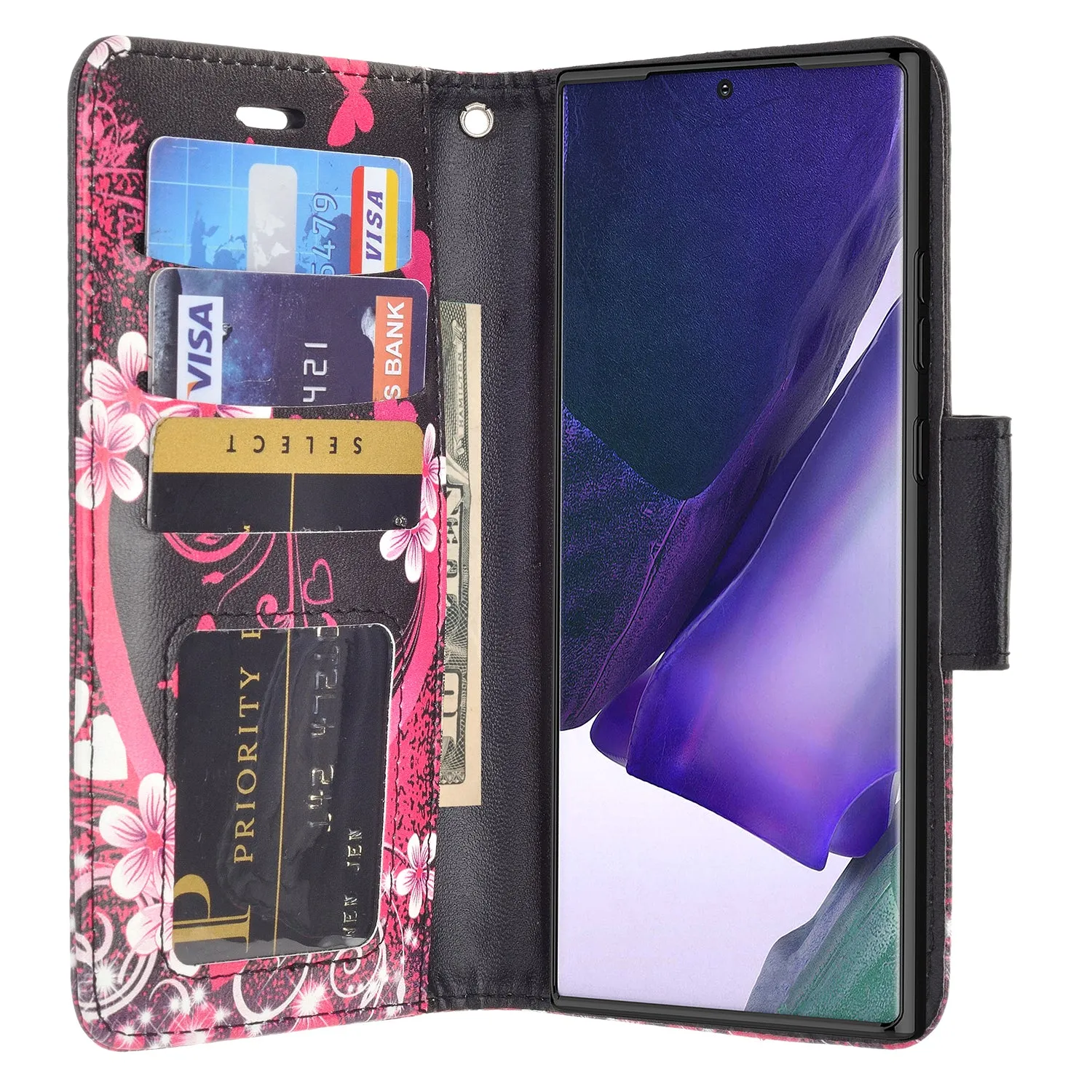 Samsung Galaxy Note 20 Case, Galaxy Note 20 Wallet Case, Wrist Strap Pu Leather Wallet Case [Kickstand] with ID & Credit Card Slots - Heart Butterflies