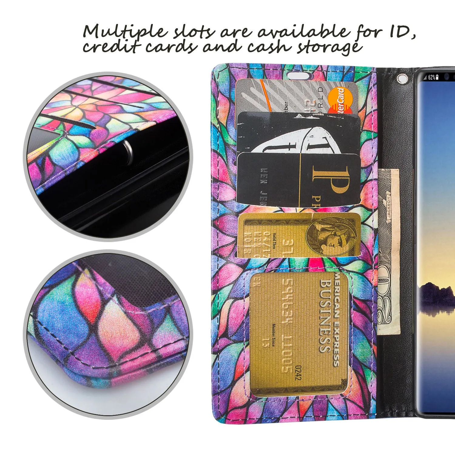 Samsung Galaxy Note 9 Case, SM-N960U Wallet Case, Wrist Strap Pu Leather Wallet Case [Kickstand] with ID & Credit Card Slots - Rainbow Flower