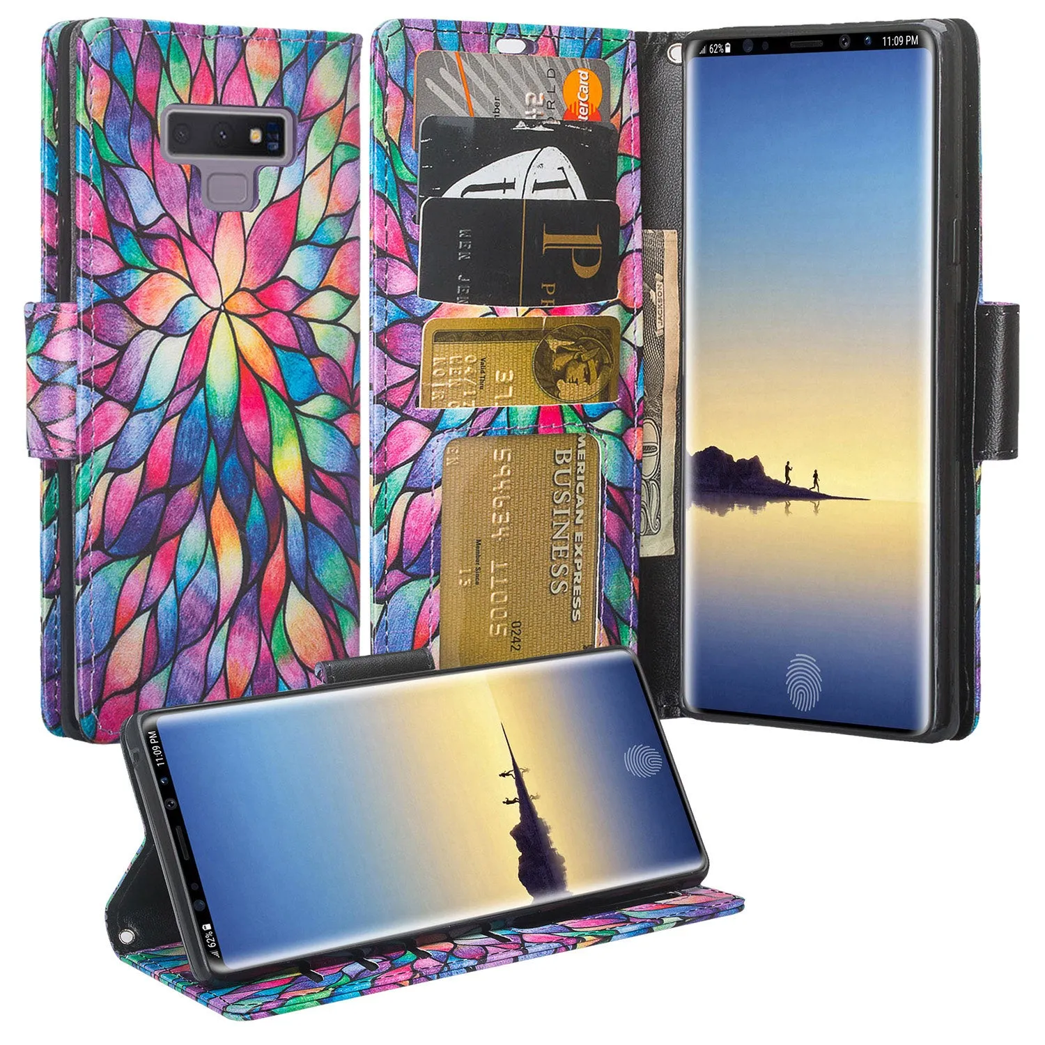 Samsung Galaxy Note 9 Case, SM-N960U Wallet Case, Wrist Strap Pu Leather Wallet Case [Kickstand] with ID & Credit Card Slots - Rainbow Flower