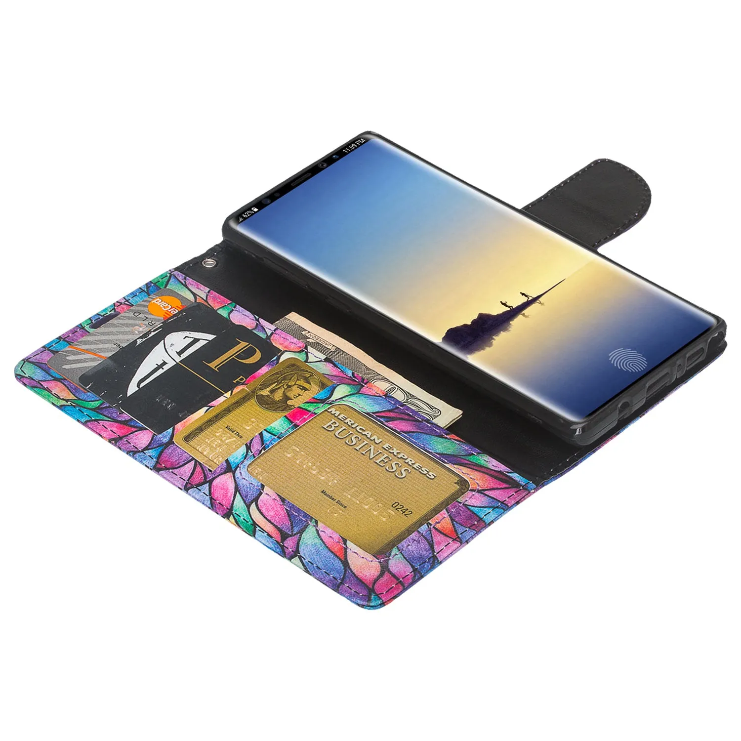 Samsung Galaxy Note 9 Case, SM-N960U Wallet Case, Wrist Strap Pu Leather Wallet Case [Kickstand] with ID & Credit Card Slots - Rainbow Flower