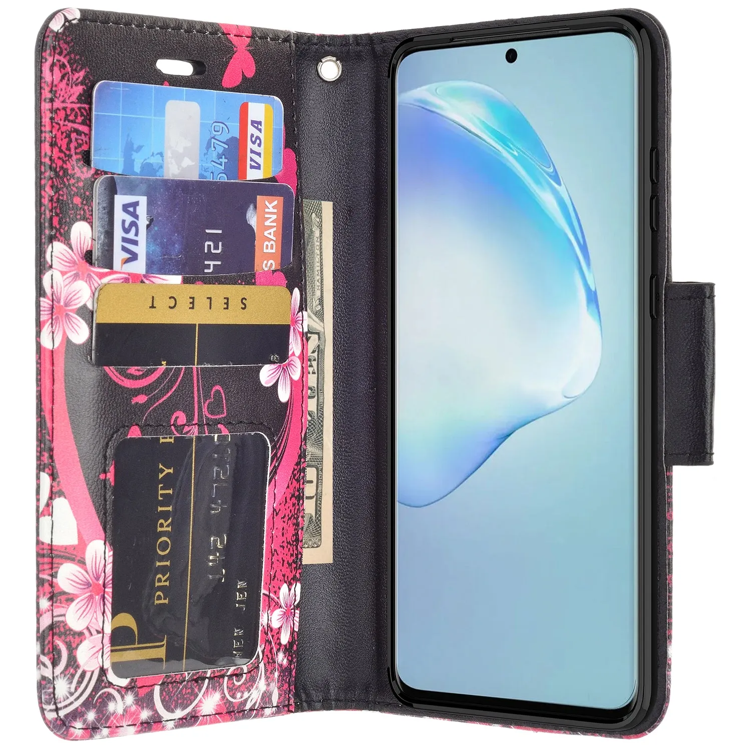 Samsung Galaxy S20 Case, Galaxy S20 Wallet Case, Wrist Strap Pu Leather Wallet Case [Kickstand] with ID & Credit Card Slots - Heart Butterflies