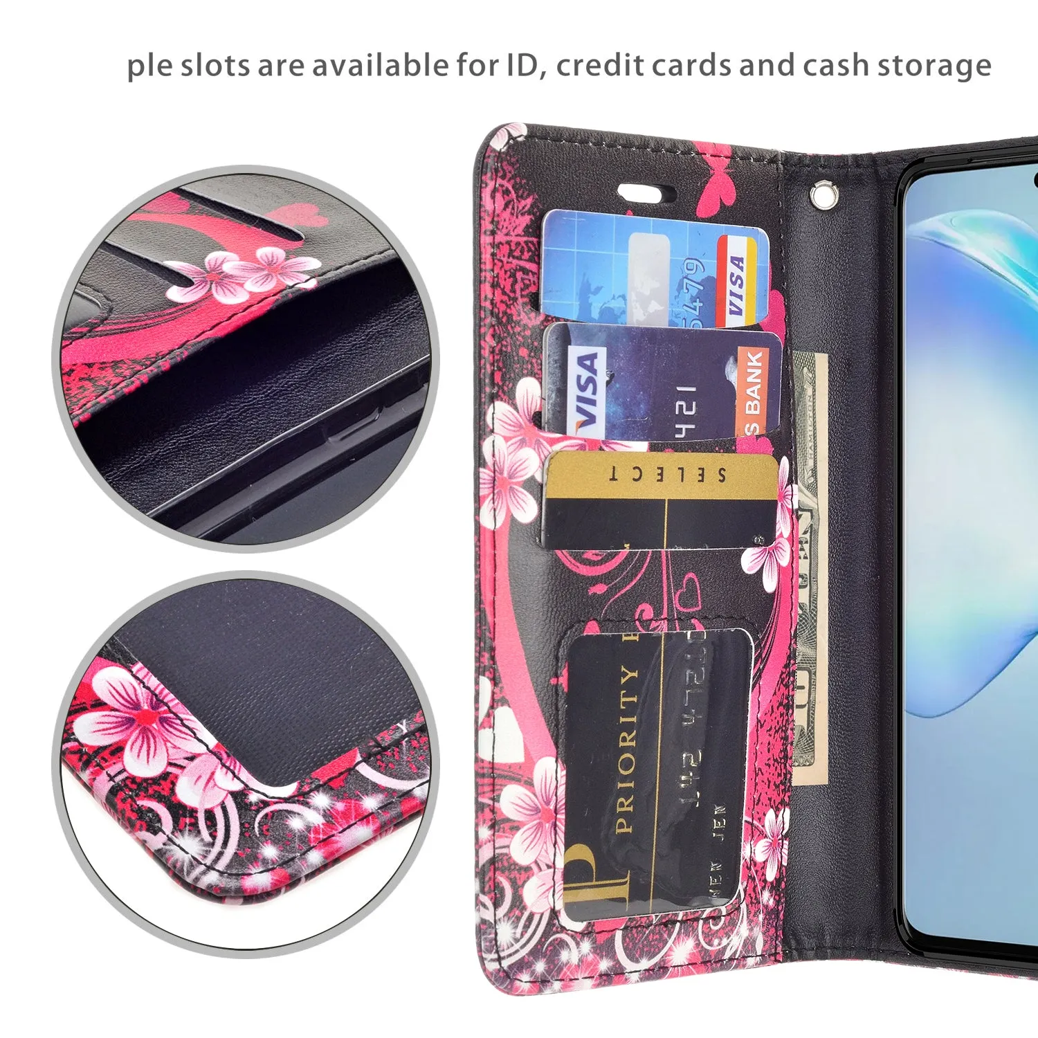 Samsung Galaxy S20 Case, Galaxy S20 Wallet Case, Wrist Strap Pu Leather Wallet Case [Kickstand] with ID & Credit Card Slots - Heart Butterflies