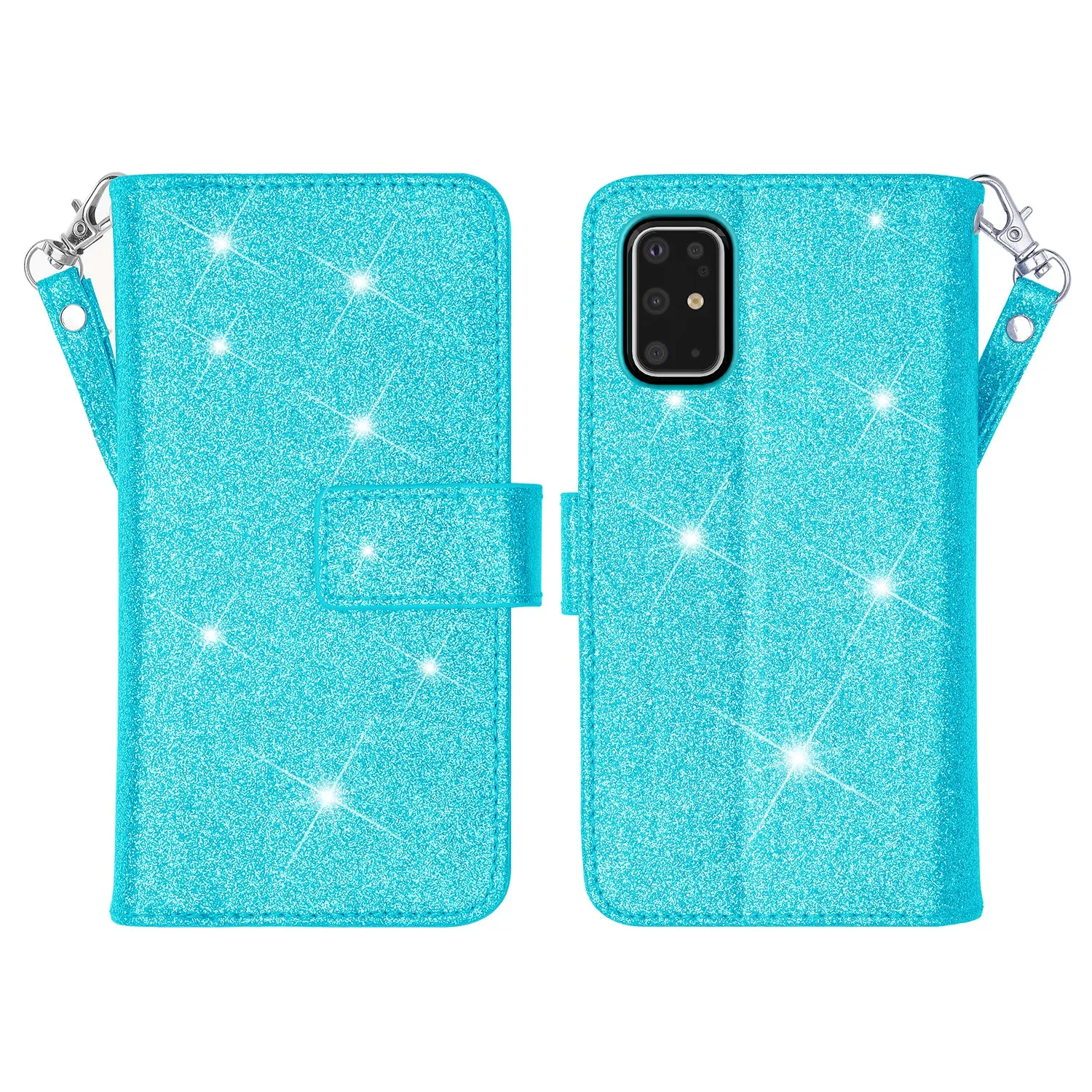 Samsung Galaxy S20 Case, Glitter Faux Leather Flip Credit Card Holder Wrist Strap Shockproof Protective Wallet Case Clutch for Galaxy S20 - Teal