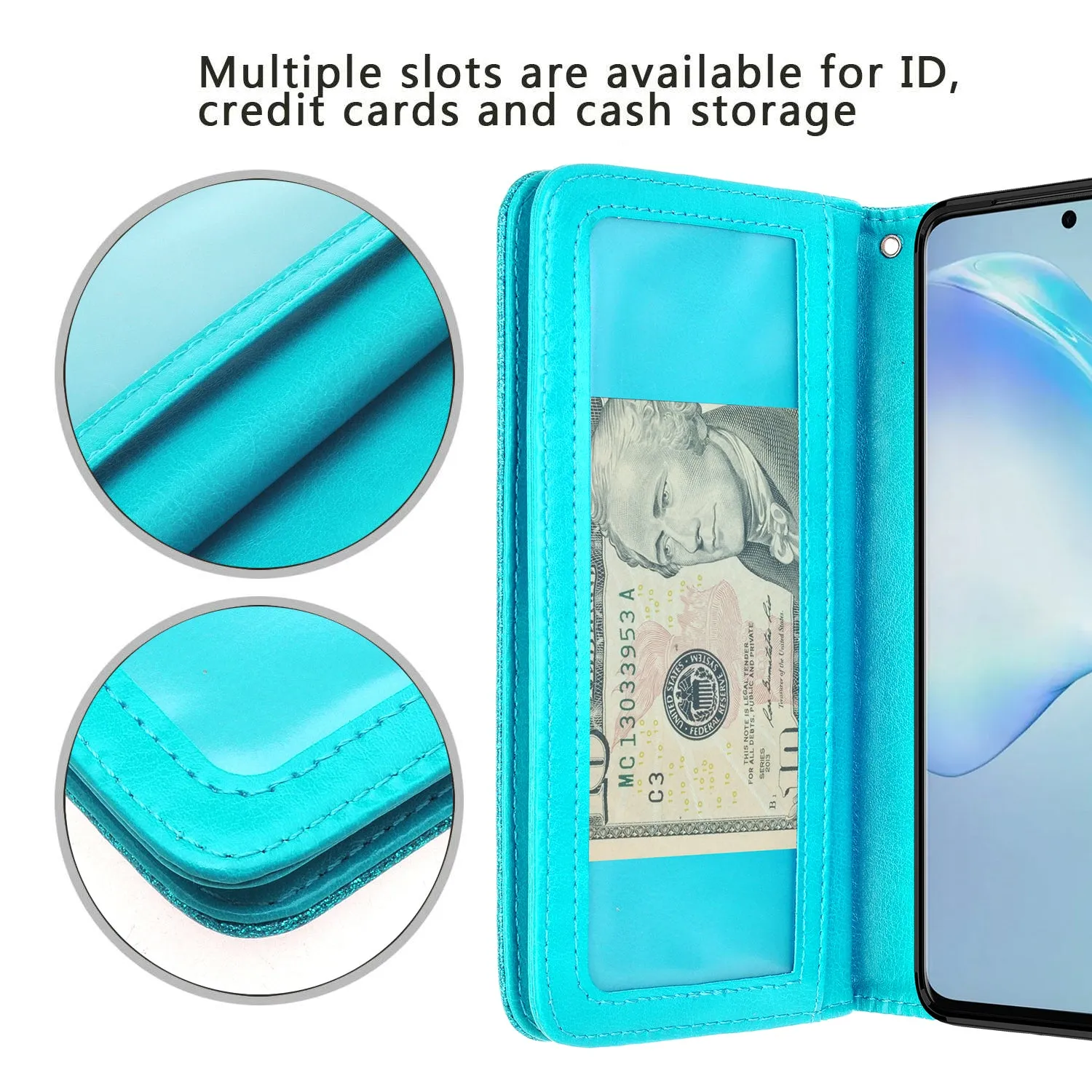 Samsung Galaxy S20 Case, Glitter Faux Leather Flip Credit Card Holder Wrist Strap Shockproof Protective Wallet Case Clutch for Galaxy S20 - Teal