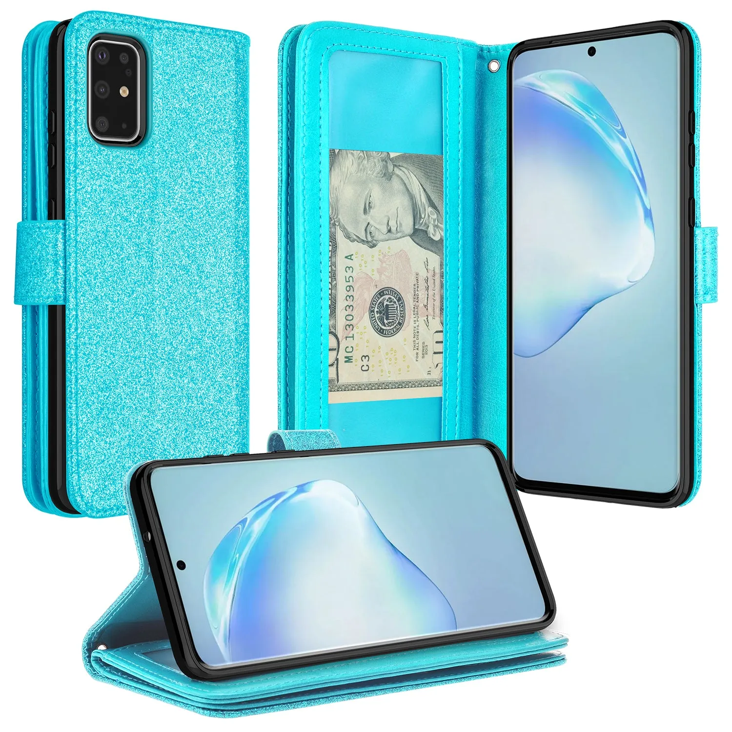 Samsung Galaxy S20 Case, Glitter Faux Leather Flip Credit Card Holder Wrist Strap Shockproof Protective Wallet Case Clutch for Galaxy S20 - Teal