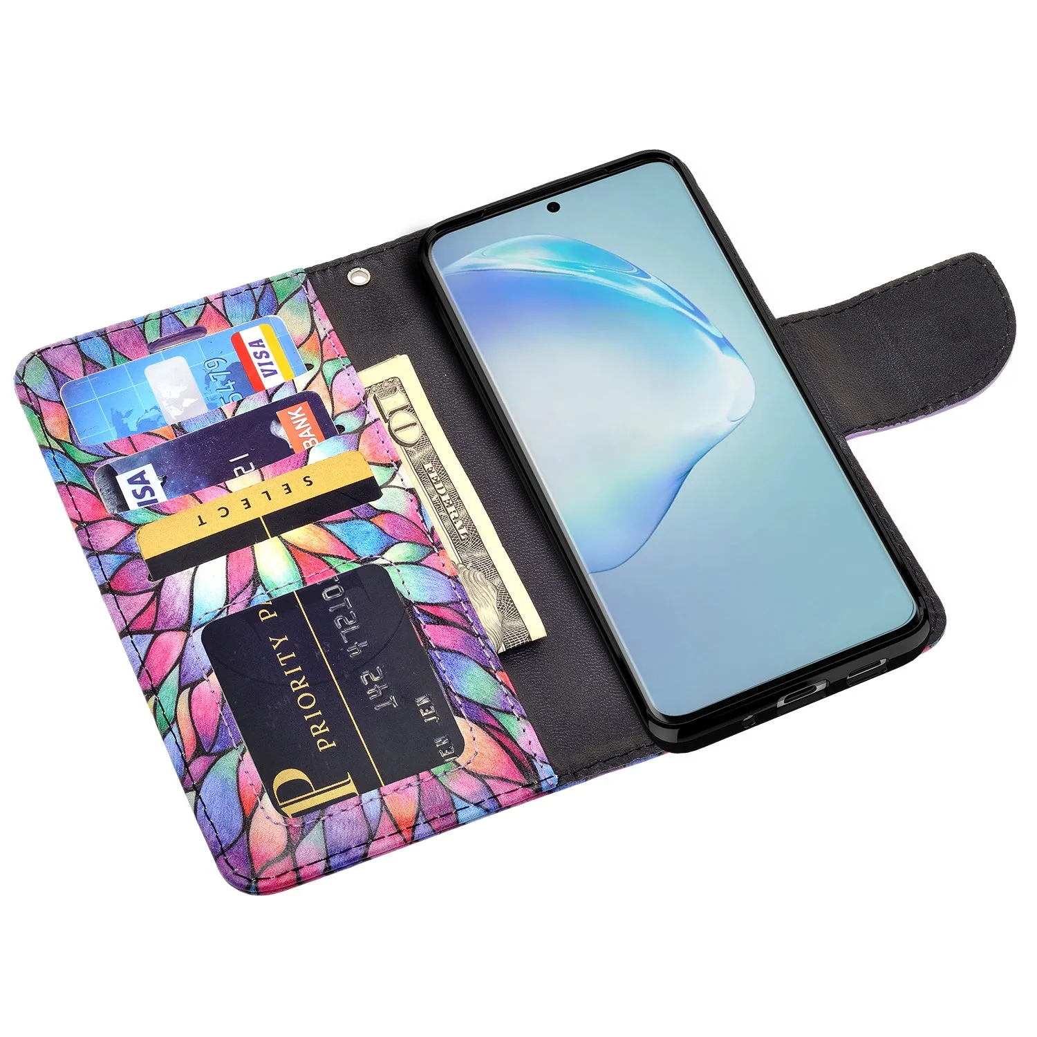 Samsung Galaxy S20 Ultra Case, Galaxy S20 Ultra Wallet Case, Wrist Strap Pu Leather Wallet Case [Kickstand] with ID & Credit Card Slots - Rainbow Flower