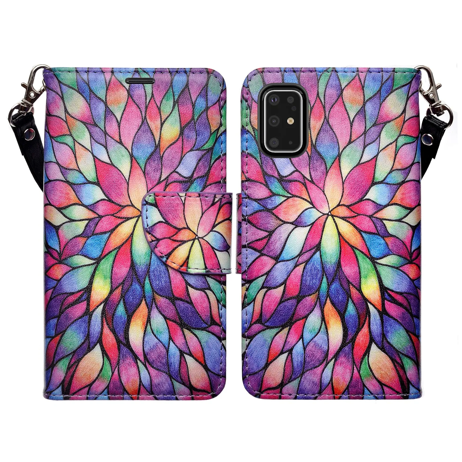 Samsung Galaxy S20 Ultra Case, Galaxy S20 Ultra Wallet Case, Wrist Strap Pu Leather Wallet Case [Kickstand] with ID & Credit Card Slots - Rainbow Flower