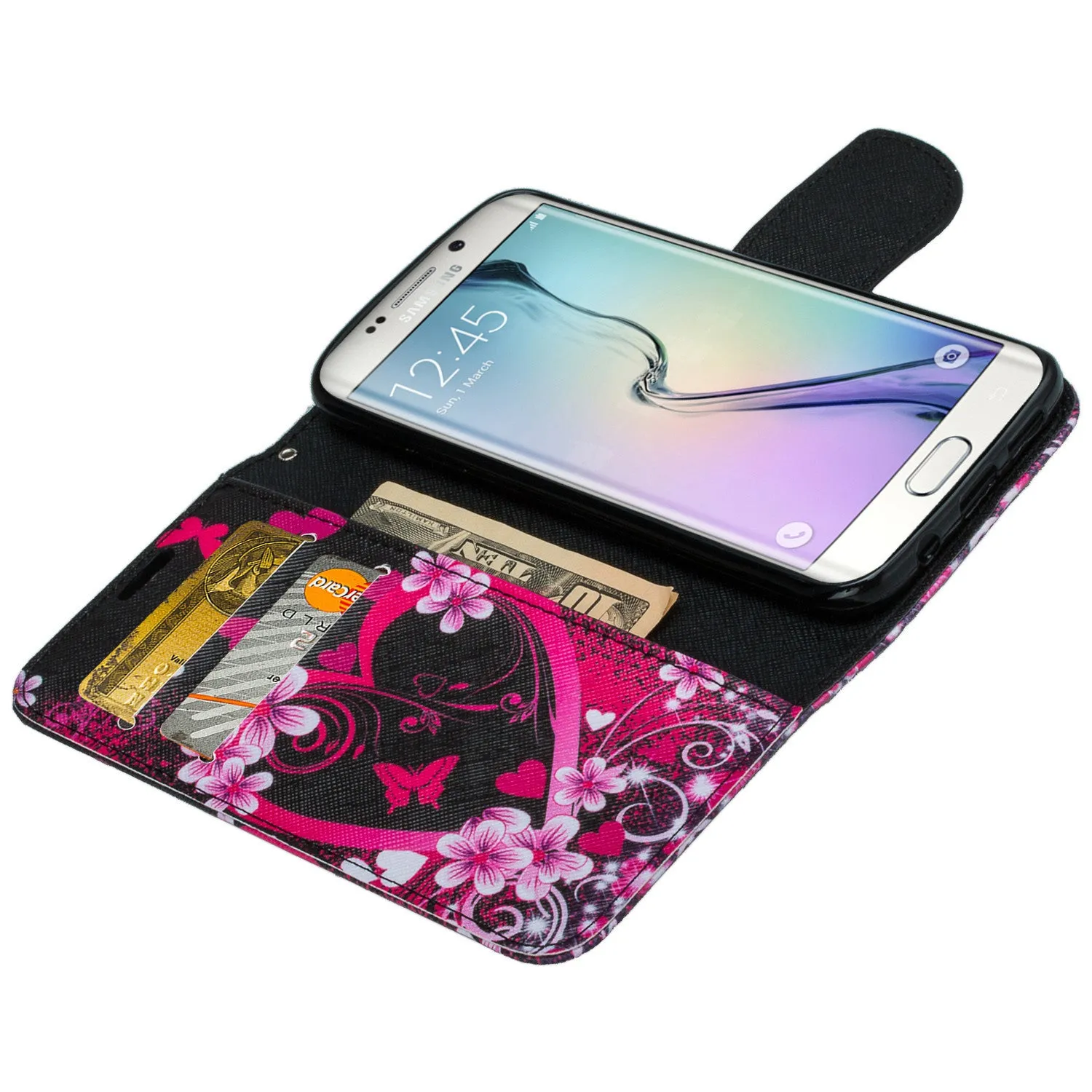 Samsung Galaxy S6 Edge Plus Case, Wrist Strap Magnetic Flip Fold[Kickstand] Pu Leather Wallet Case with ID & Card Slots - Flower Hearts