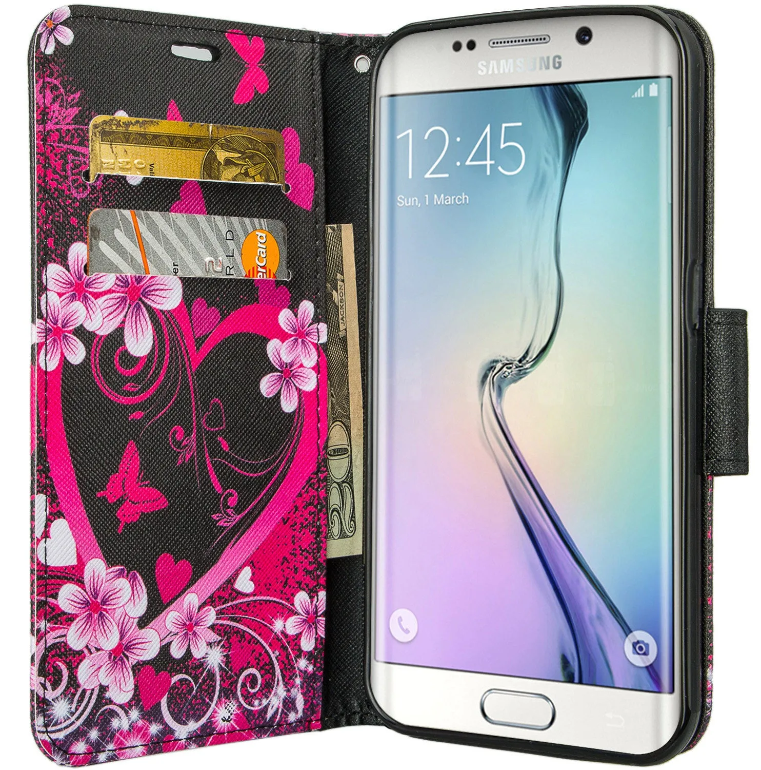 Samsung Galaxy S6 Edge Plus Case, Wrist Strap Magnetic Flip Fold[Kickstand] Pu Leather Wallet Case with ID & Card Slots - Flower Hearts