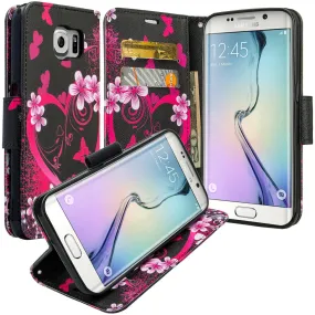 Samsung Galaxy S6 Edge Plus Case, Wrist Strap Magnetic Flip Fold[Kickstand] Pu Leather Wallet Case with ID & Card Slots - Flower Hearts