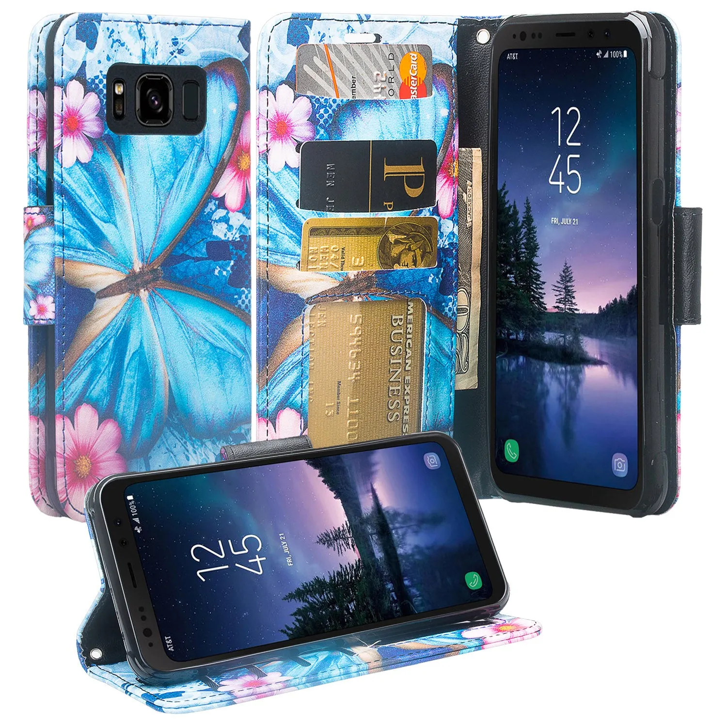 Samsung Galaxy S8 Active Case, Galaxy S8 Active Wallet Case, Wrist Strap Pu Leather Wallet Case [Kickstand] with ID & Credit Card Slots - Blue Butterfly