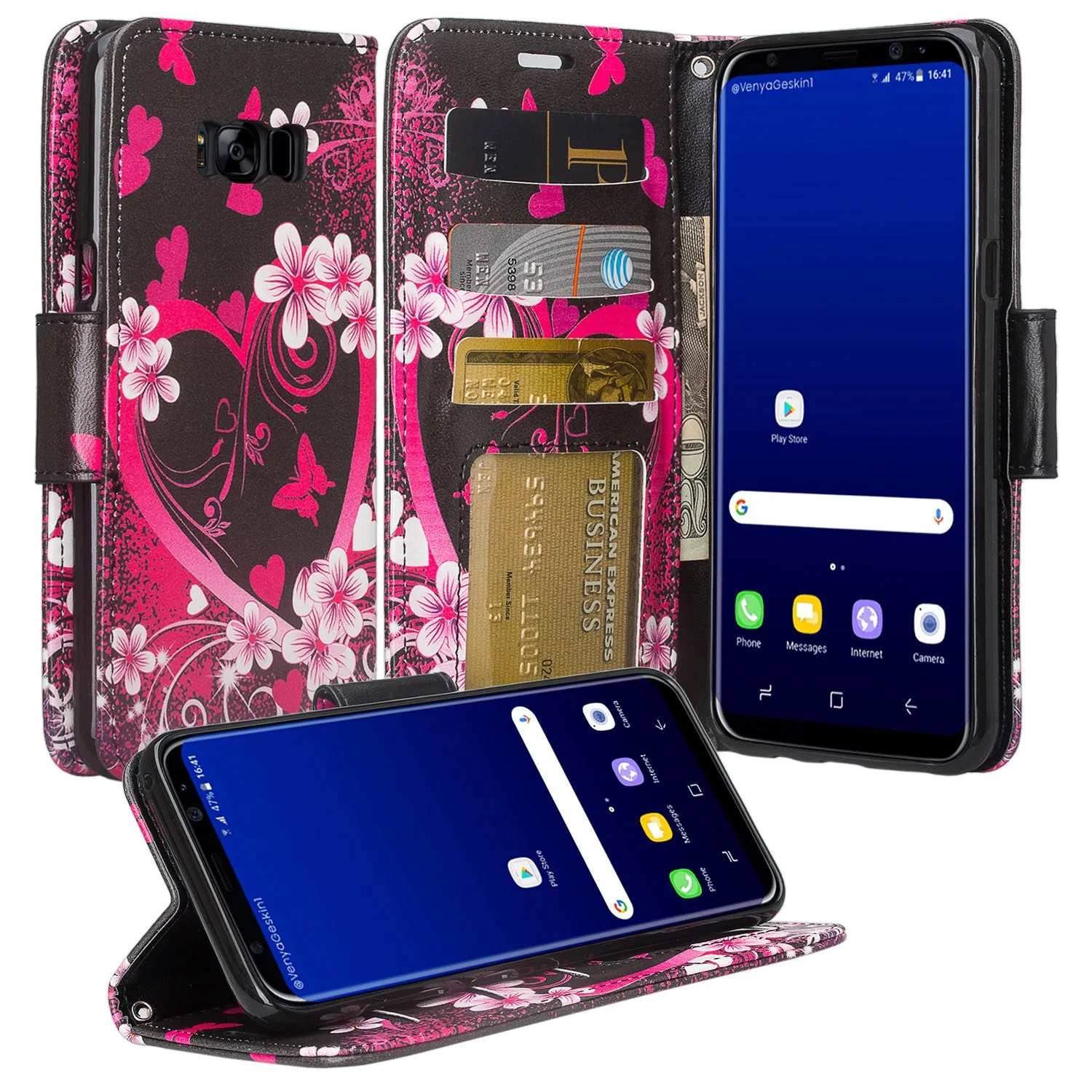 Samsung Galaxy S8 Plus Case, Wrist Strap Pu Leather Magnetic Fold[Kickstand] Wallet Case with ID & Credit Card Slots for Galaxy S8 Plus, SM-G955 - Heart Butterflies