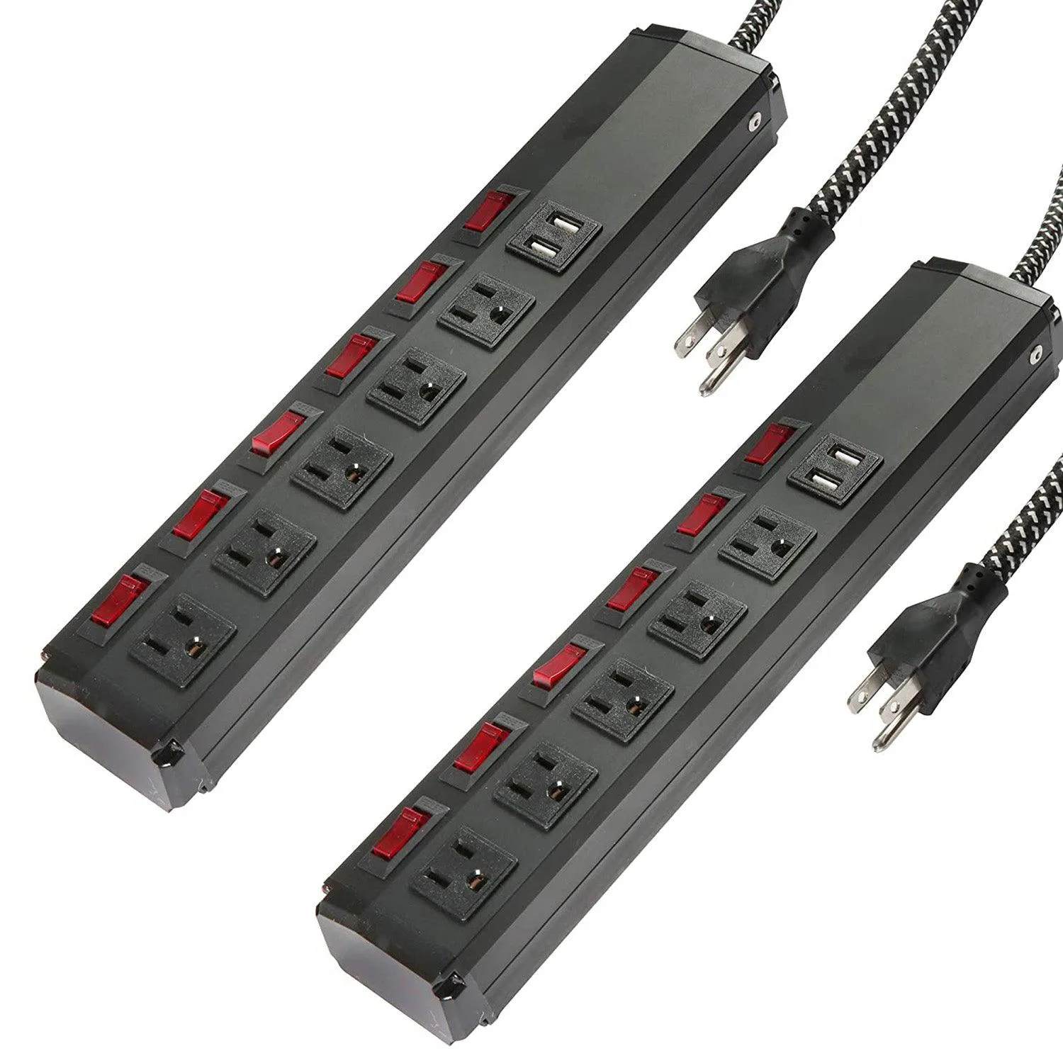 Set of 2 Power Strip 5 Outlets 2 USB Ports 6 Switches with Surge Protector Wall Mount, Black