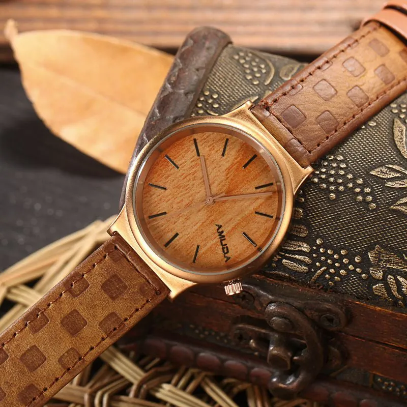 Simulation Wooden Quartz Watches Casual Wooden Color Leather Strap Watch Wood Male Casual Wristwatch