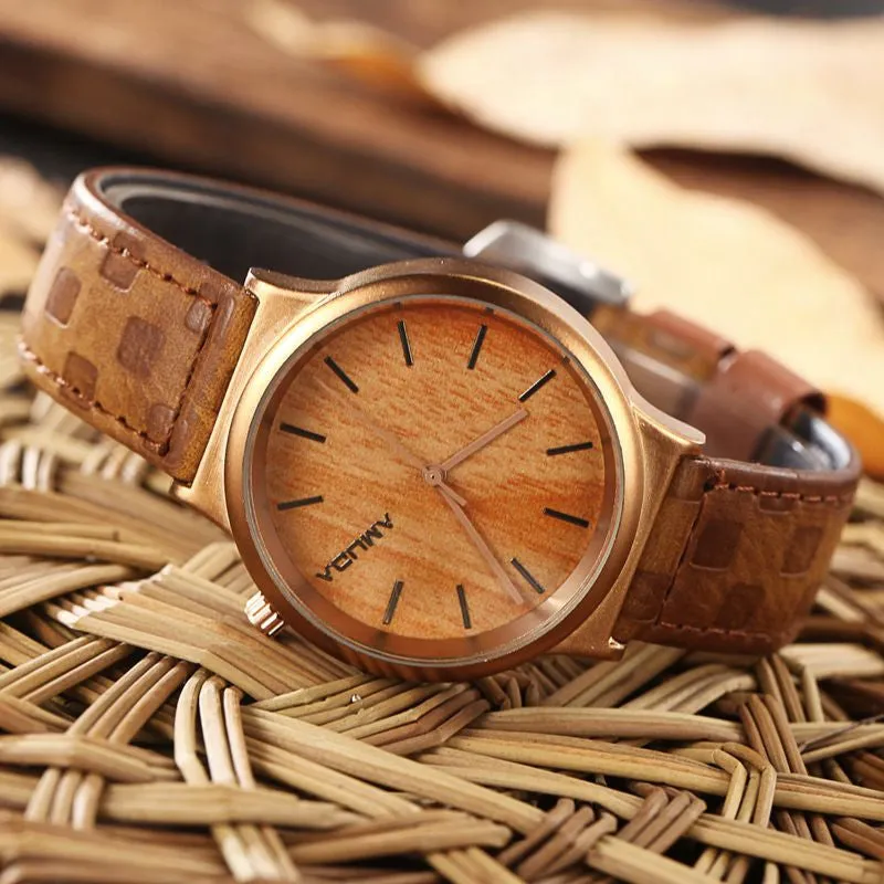 Simulation Wooden Quartz Watches Casual Wooden Color Leather Strap Watch Wood Male Casual Wristwatch