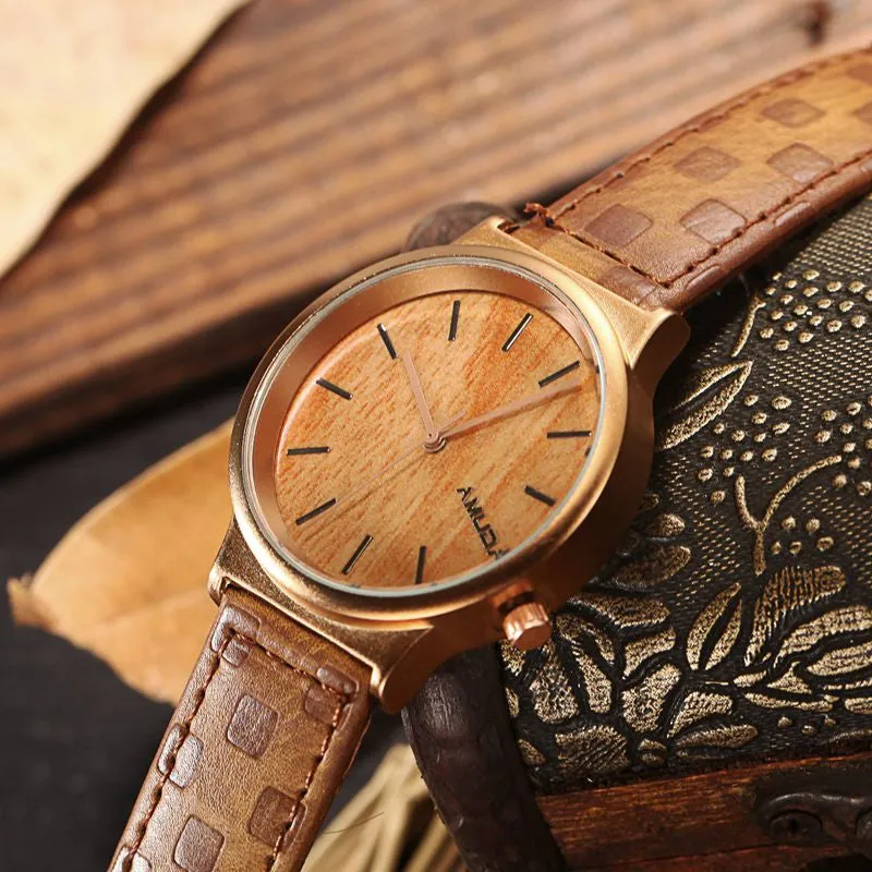 Simulation Wooden Quartz Watches Casual Wooden Color Leather Strap Watch Wood Male Casual Wristwatch