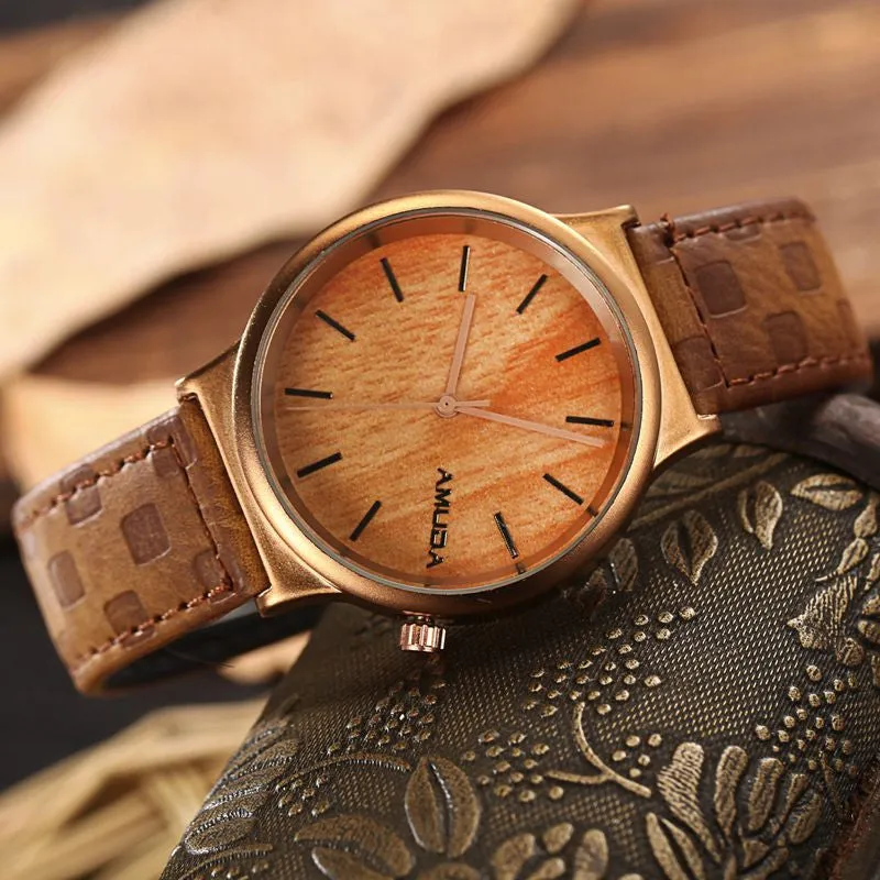 Simulation Wooden Quartz Watches Casual Wooden Color Leather Strap Watch Wood Male Casual Wristwatch