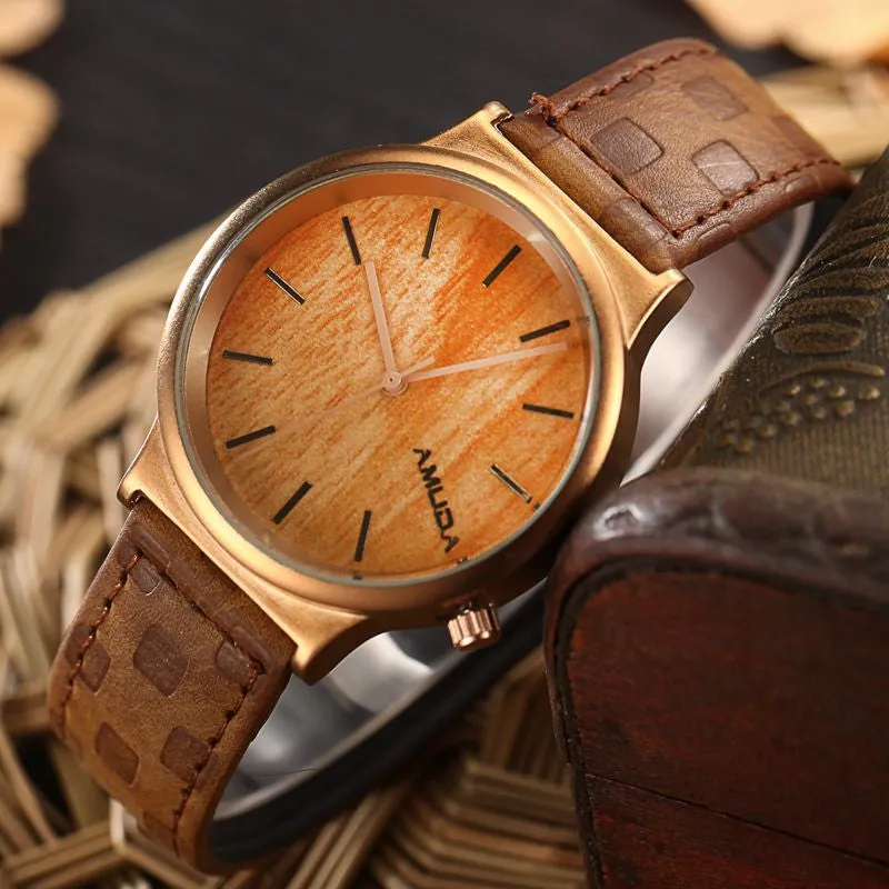 Simulation Wooden Quartz Watches Casual Wooden Color Leather Strap Watch Wood Male Casual Wristwatch