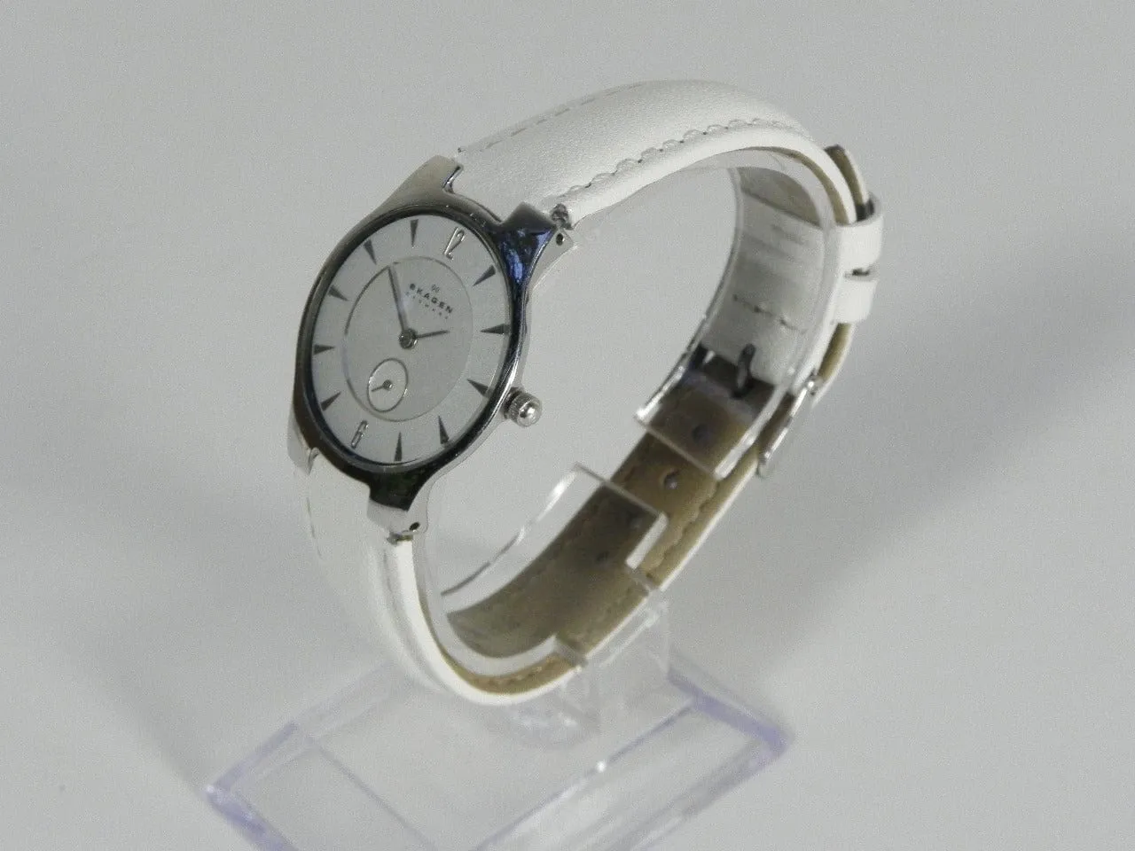 Skagen Unisex Silvertone Round Watch, Modern Silver Dial, White Leather Band