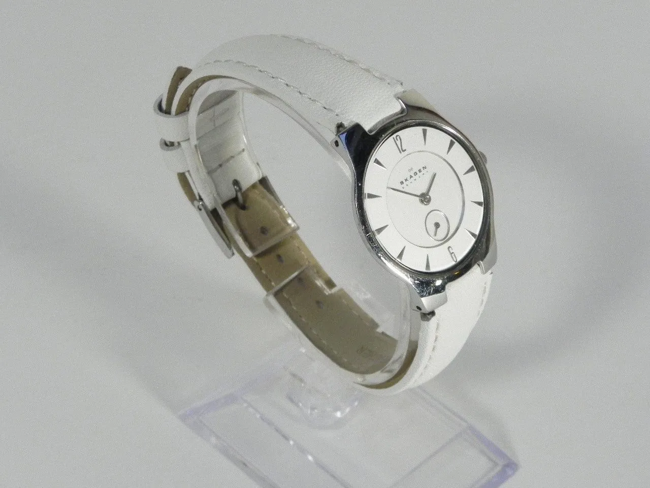 Skagen Unisex Silvertone Round Watch, Modern Silver Dial, White Leather Band