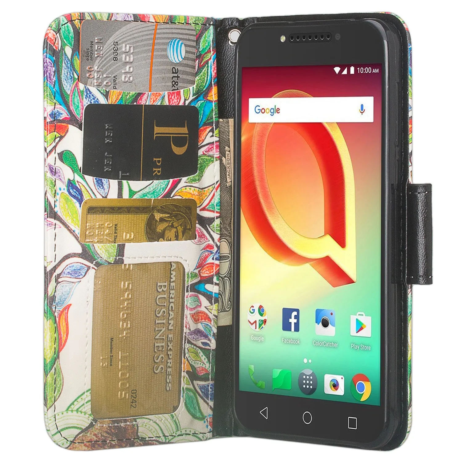 Tmobile REVVL, Alcatel A30 Plus, A30 Fierce, Alcatel Walters Case, Wrist Strap Pu Leather Wallet Flip [Kickstand] Cover with ID & Credit Card Slots - Vibrant Tree