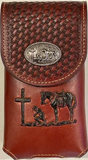 Top Notch Accessories 8001BR Brown Basketweave Leather Vertical XL Phonecase w/Praying Cowboy Concho