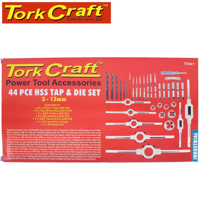 TORK CRAFT TAP AND DIE SET 44PCE 3-12MM HSS IN METAL CASE T9441