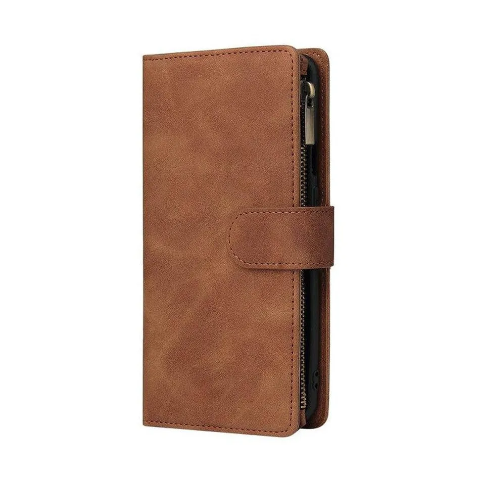 Zipper Wallet Mobile Phone Case for Google Pixel 4 with Strap - Brown