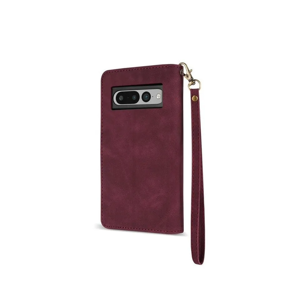 Zipper Wallet Mobile Phone Case for Google Pixel 4 with Strap - Brown