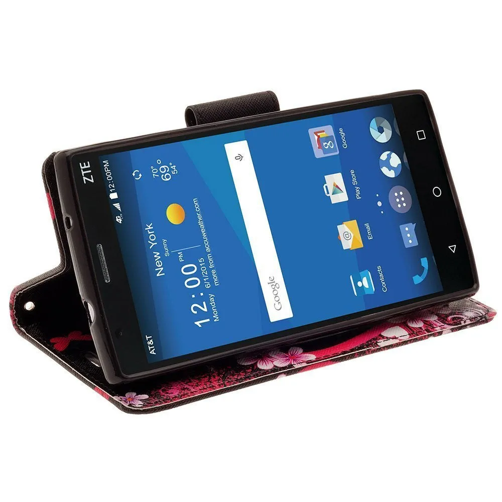 ZTE Prestige Case | ZTE Sonata 3 | ZTE Avid Plus | ZTE Avid Trio Pu Leather Magnetic Flip Fold[Kickstand] Wrist Strap Wallet Case with ID & Card Slots for ZTE Prestige/Sonata3/Avid/Avid Plus - Heart Butterflies