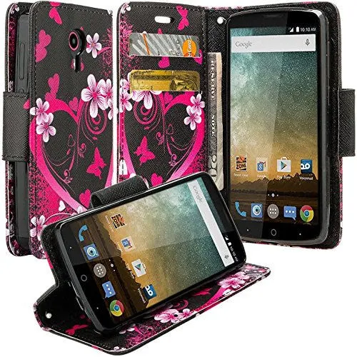 ZTE Prestige Case | ZTE Sonata 3 | ZTE Avid Plus | ZTE Avid Trio Pu Leather Magnetic Flip Fold[Kickstand] Wrist Strap Wallet Case with ID & Card Slots for ZTE Prestige/Sonata3/Avid/Avid Plus - Heart Butterflies